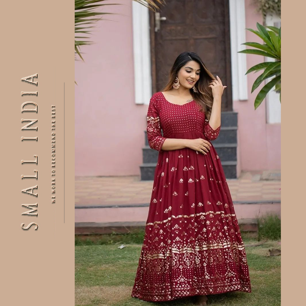 {**ส่งฟรี**} SMALL INDIA 👗 Georgette Embroidery Gown With Dupatta ชุดเดรส 👗 Women Gown Dress ราคา 3,350 บาท*ส่งฟรี