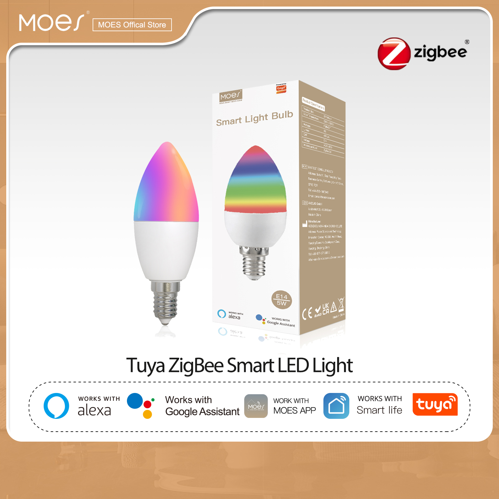 MOES Zigbee ไฟ LED หลอดไฟ E14โคมไฟเทียนไขสมาร์ท5W Rgbct 2200-6500K ไฟเส้นประดับ Tuya A Lexa G Oogle G