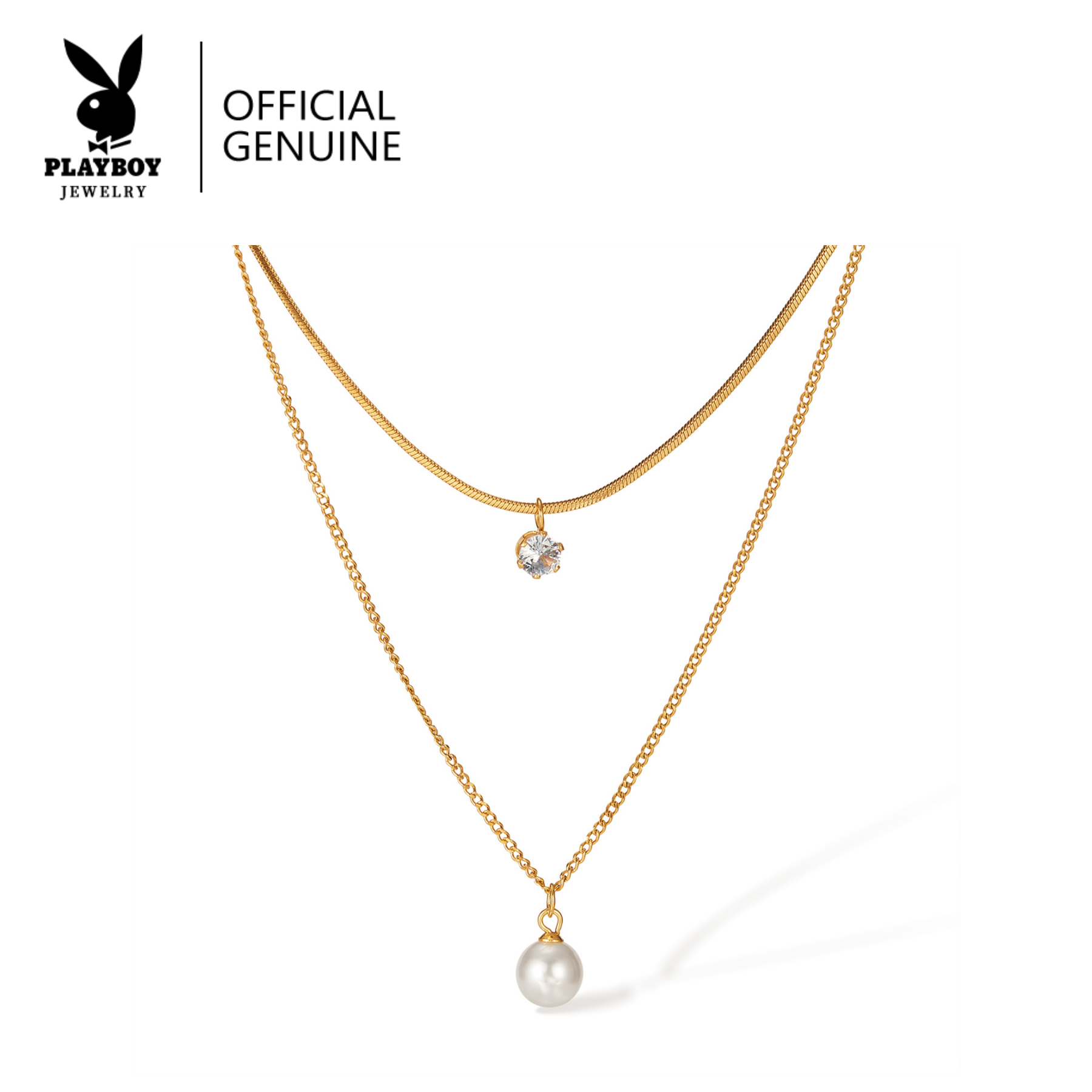 สร้อยคอสองชั้น PLAYBOY® สร้อยคอ สไตล์วินเทจ ประดับคริสตัลและมุกเทียม ดูหรูหรา สร้อยคอผู้หญิง ราคา 229 บาท*ส่งฟรี