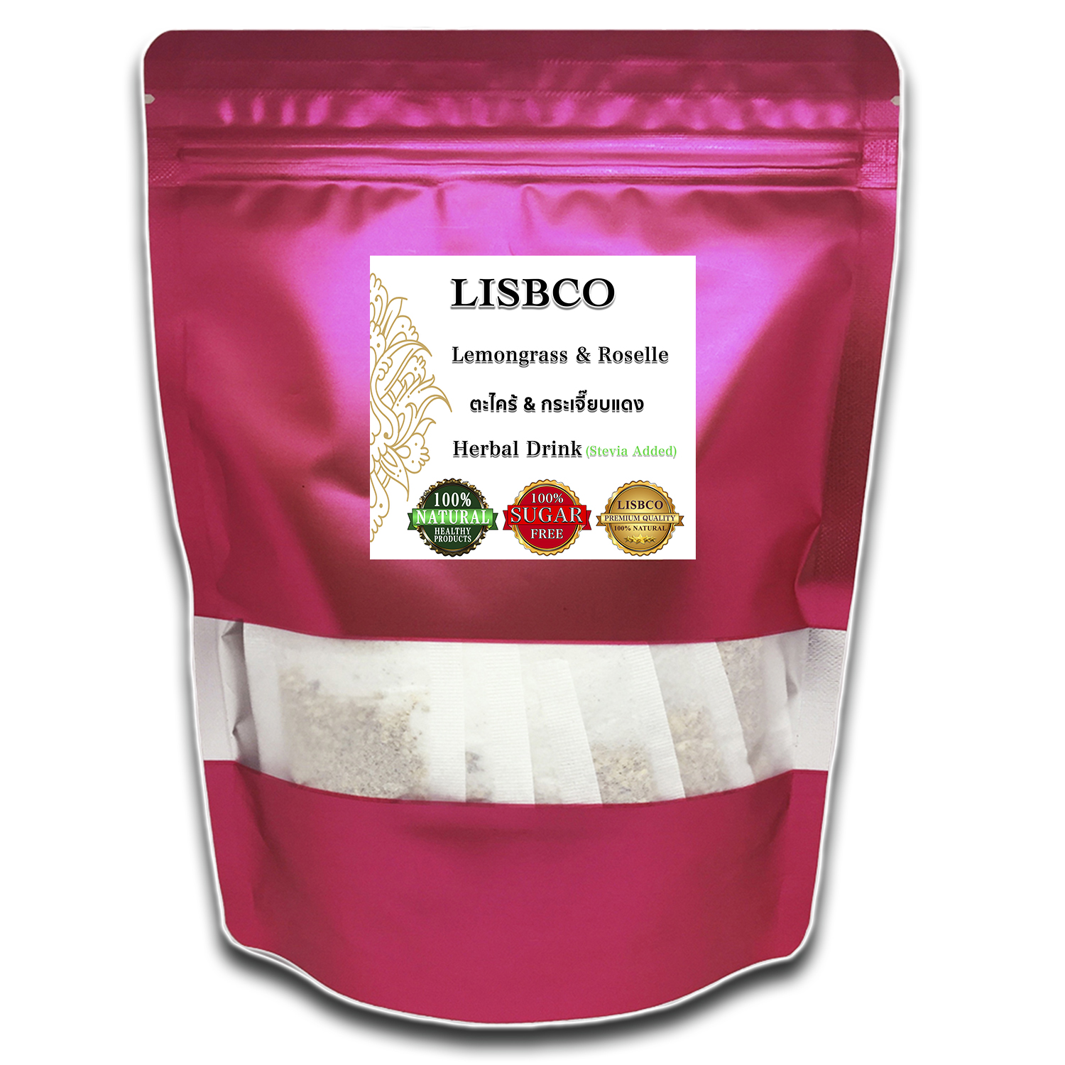 Lemongrass Roselle Herbal Drink Stevia Added 100 pcs Tea Bags 100% Natural Healthy Tea Quality Products Grade AA+ Ready to Drink Sugar Free Brewing Sweet and Fragrant ราคา 199 บาท*ส่งฟรี
