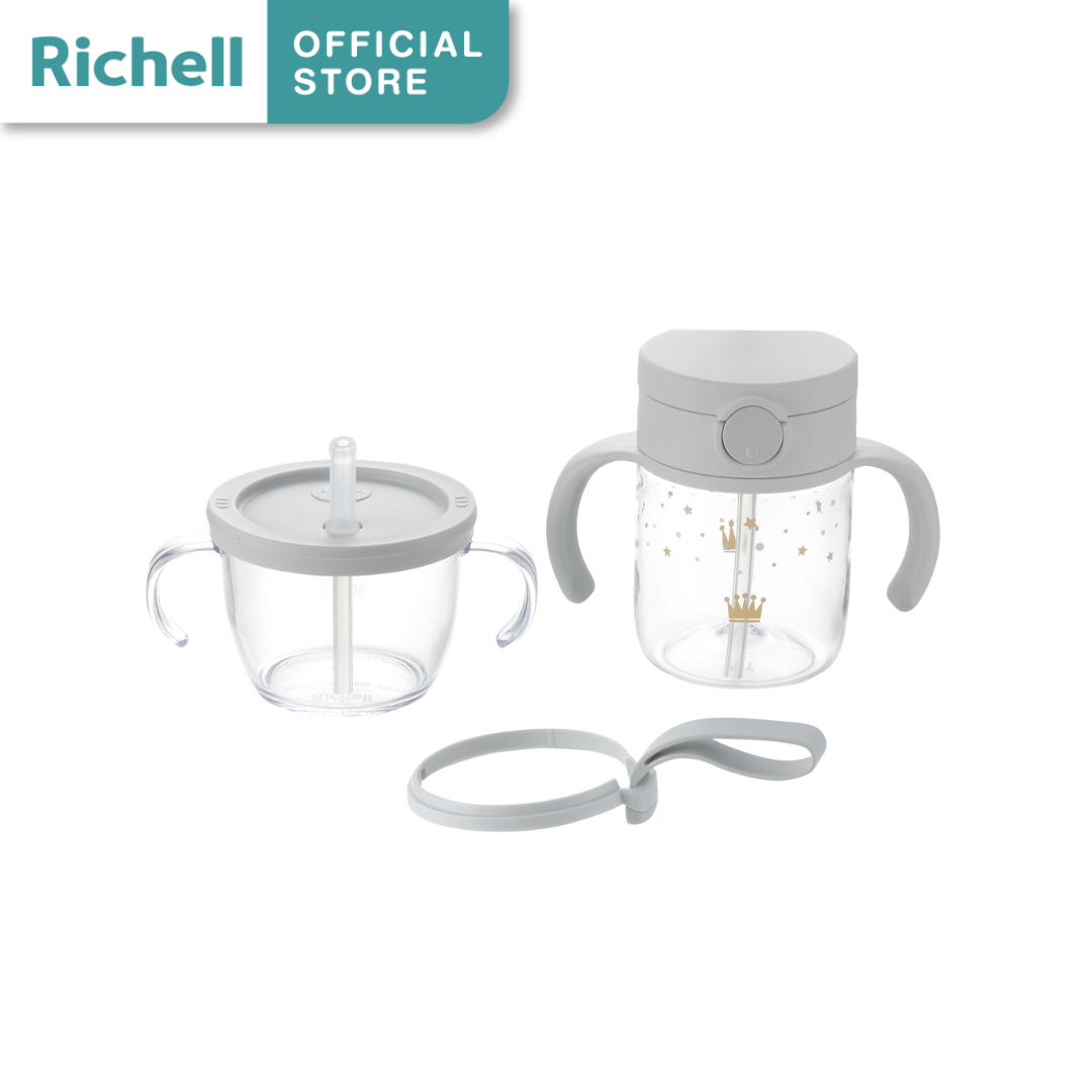 Richell Baby(ริเชลล์) AXSTARS ถ้วยฝึกดูดรุ่นใหม่ หลอดกันสำลัก มีปุ่มกดช่วยดันน้ำหลอดดีไซน์ใหม่ 150มล. + แก้วหลอดดูดกันสำลัก คว่ำไม่หก200ml.
