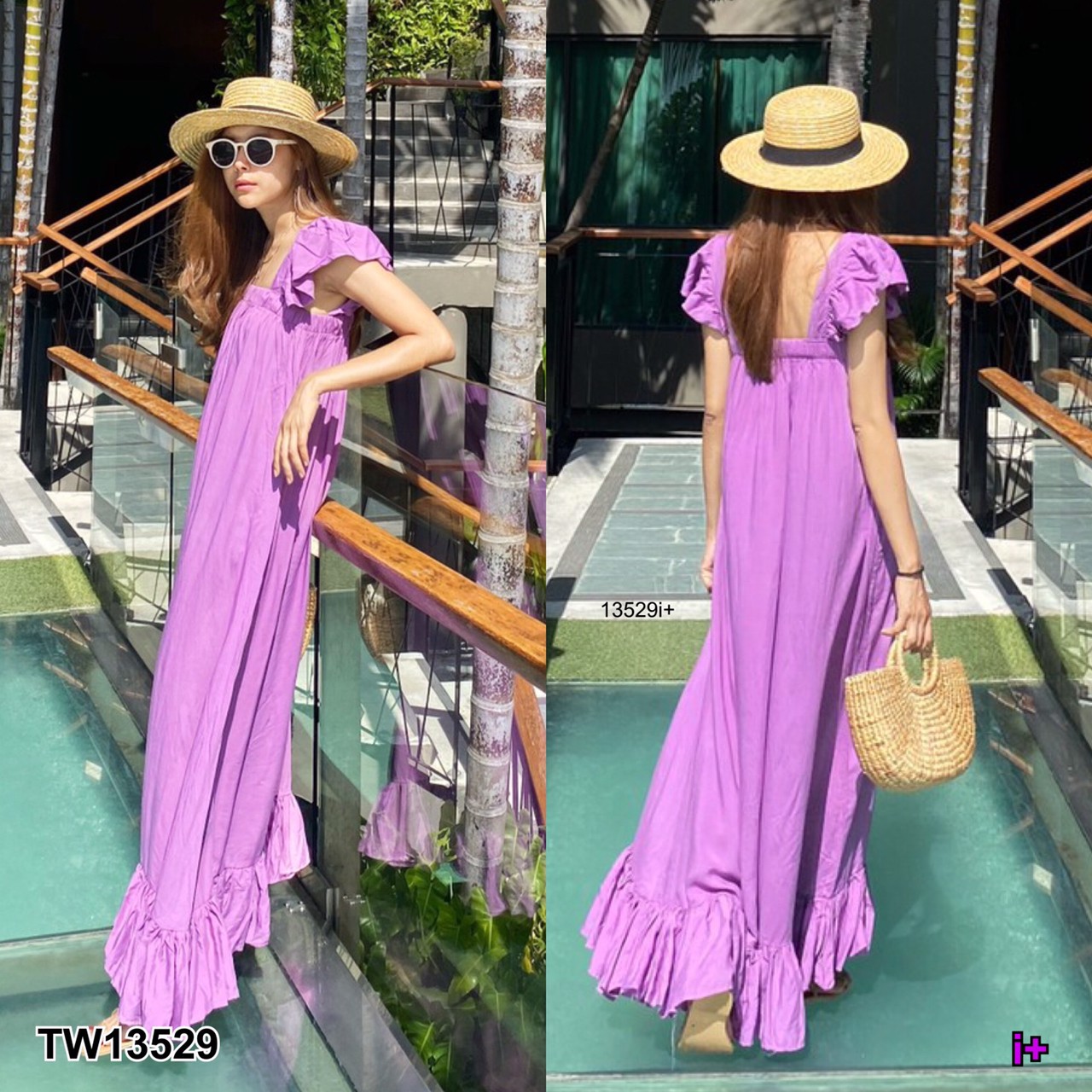 SS13529 Maxi Dress เดรสยาว สม็อครอบอก แขนระบาย