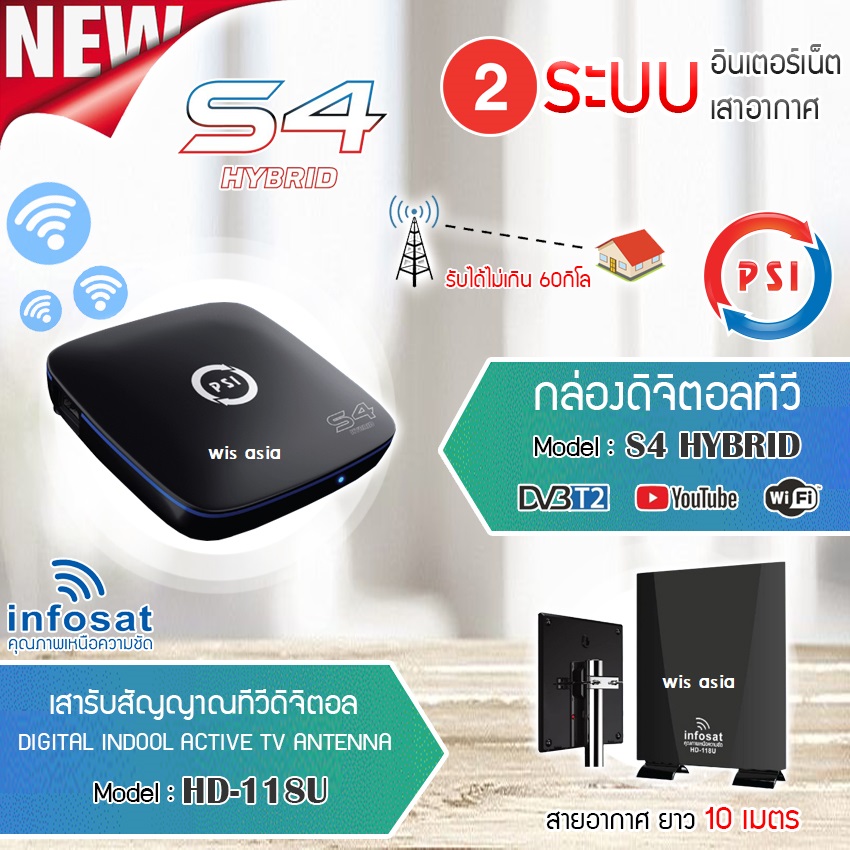 กล่องดิจิตอลทีวี PSI S4 HYBRID + เสาอากาศภายใน HD-118U มีสาย10เมตร พร้อมใช้งาน