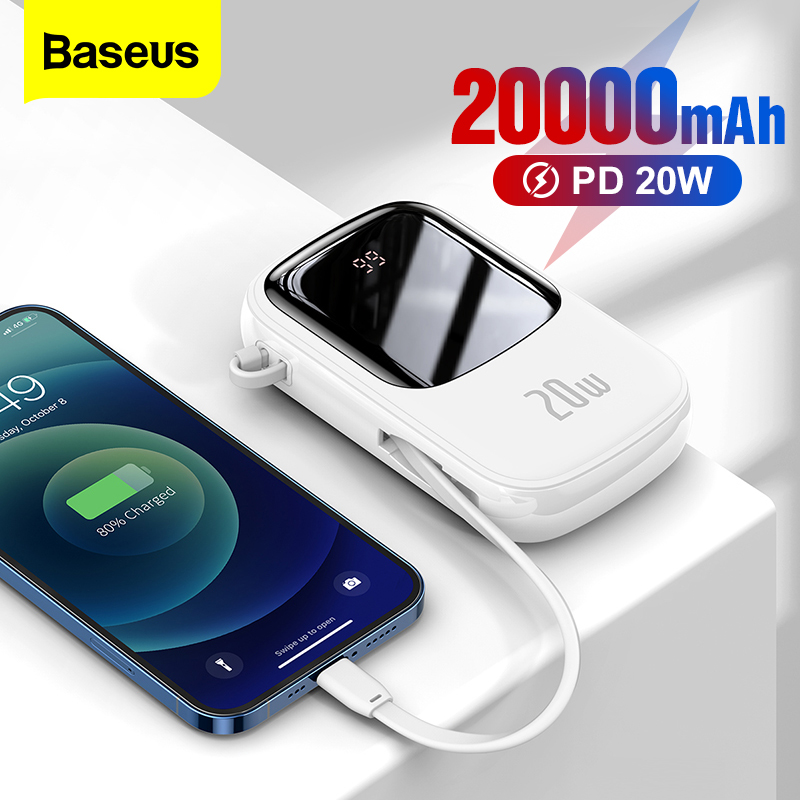 Baseus Mini 20W / 22.5W 20000mAh Power Bank สายเคเบิลในตัว Quick Charge PowerBank จอแสดงผลดิจิตอลเครื่องชาร์จแบตเตอรี่ภายนอกสำหรับ iPhone 12 Pro Max Huawei Xiaomi Samsung