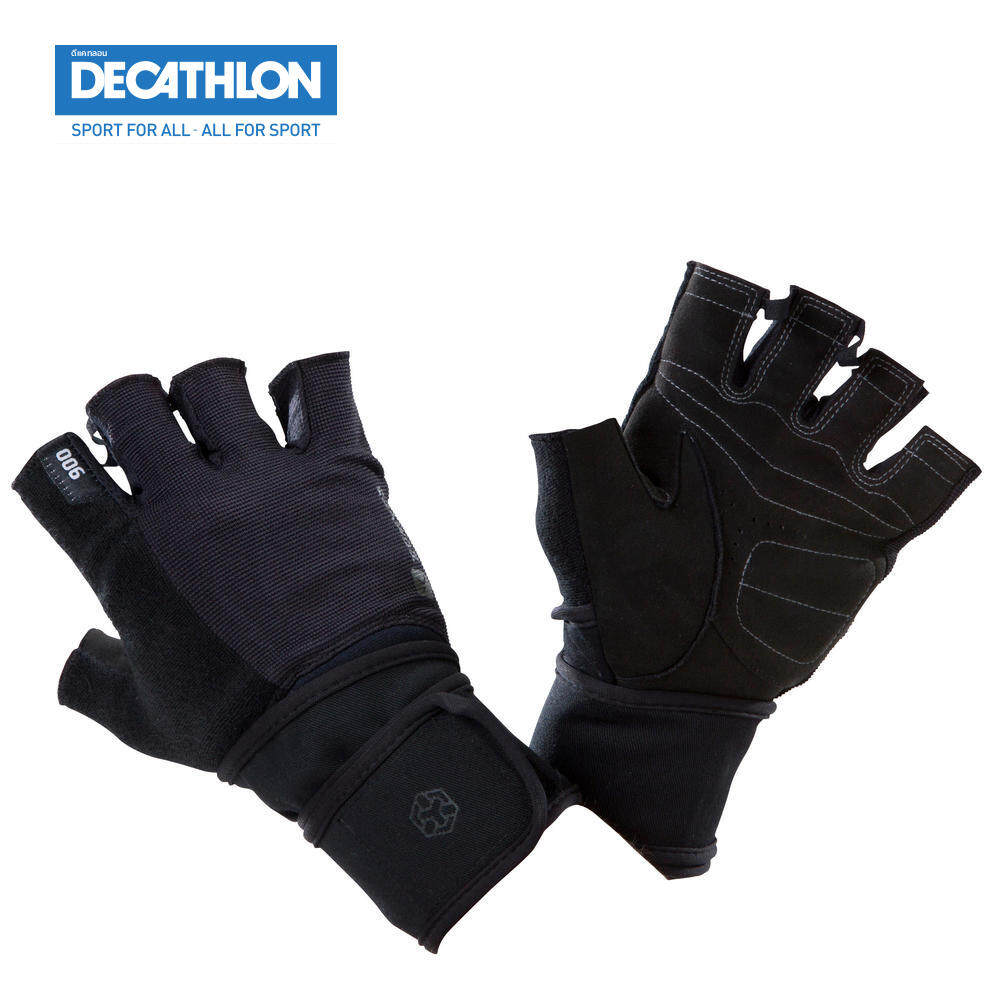 DOMYOS ถุงมือเวทเทรนนิ่งพร้อมแถบข้อมือแบบแถบตีนตุ๊กแกคู่รุ่น 900 (สีดำ/เทา)