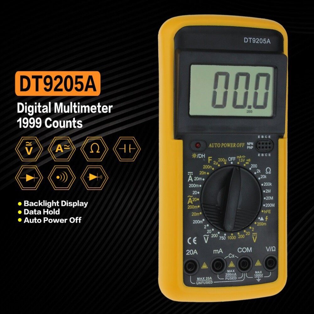 มัลติมิเตอร์ดิจิตอล DT9205A เครื่องวัดแรงดันและกระแสไฟฟ้า เครื่องวัด โวลท์ แอมป์ AC DC มิเตอร์ โอห์ม ไดโอด ไตรโอด ทรานซิสเตอร์ คาปาซิเตอร์ Digital Multimeter