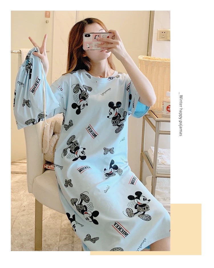 no.1（มีถุงผ้า）ชุดนอนน่ารักแฟชั่น สำหรับผู้หญิง เสื้อคลุมนอน สไตล์เกาหลี ลวดลายการ์ตูนน่ารัก ผ้าอย่างดี ชุดนอนกระโปรง ผ้านิ่มใส่สบาย