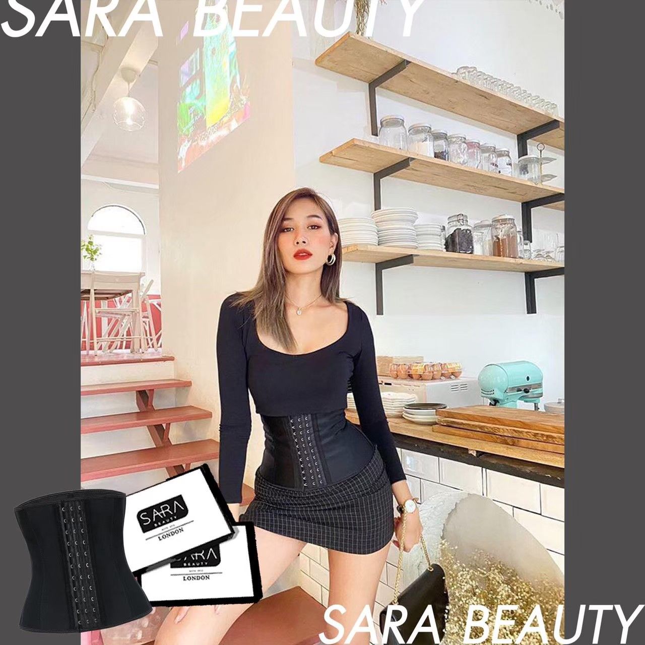 แผ่นรัดหน้าท้อง ที่รัดหน้าท้อง สายรัดเอว แท้?Sara Beauty London รุ่น11นิ้วสีดำ