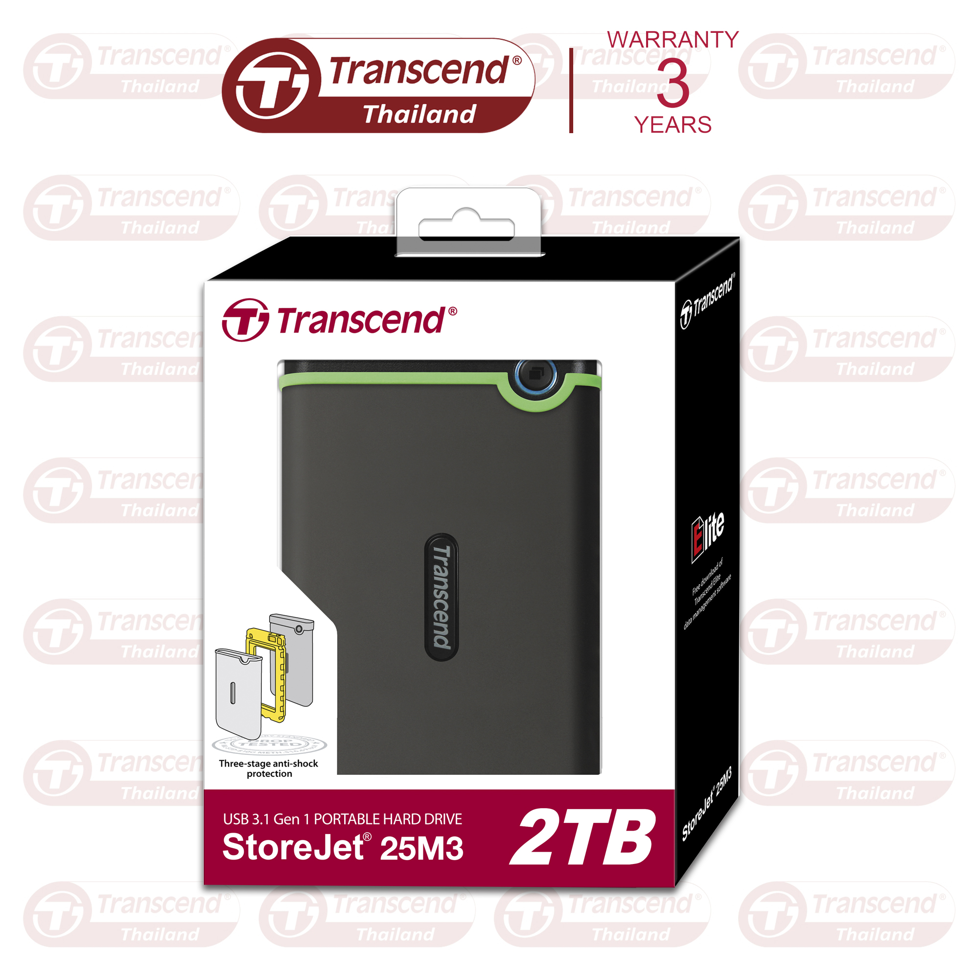 External HDD 2TB  รุ่นกันกระแทก 3 ชั้น : Transcend (รับประกัน 3 ปี) - สินค้ามีใบกำกับภาษี