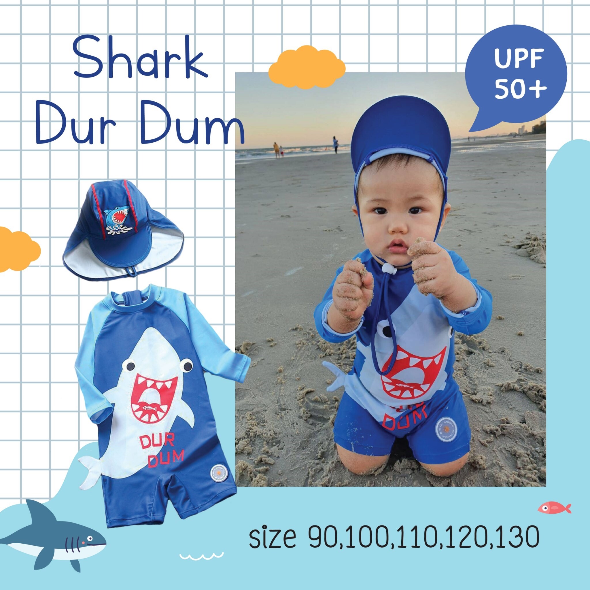 Uwae ชุดว่ายน้ำเด็ก ชุดว่ายน้ำเด็กผู้ชาย กันแดด กัน  UV ฉลามน้อย DurDum รุ่น UV33