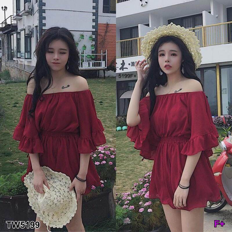 GN5199 **รบกวนสอบถามก่อนสั่งซื้อจ้า** Jumpsuit จั้มสูทขาสั้น ทรงปาดไหล่ผ้าชีฟอง