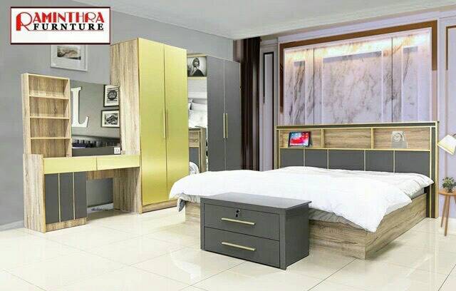 Raminthra Furniture ชุดห้องนอน แบล็คโกลด์ คอลเล็คชั่น 5ฟุต +ที่นอนสปริง ( Bedroom Set ) ราคา 26,900 บาท*ส่งฟรี