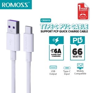 สินค้า Romoss CB3013 Type C 1m 6A 66 watts สายชาร์จเร็วทุกค่าย 6A Vooc Flash Warp USB Type C Fast Quick Charge อุปกรณ์ชาร์จมือถือ สำหรับ Samsung VIVO Relame H และ Oppo