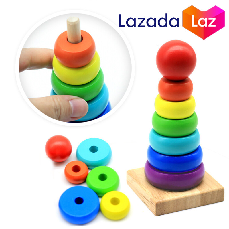 ของเล่นไม้ หอคอยไม้สีรุ้ง ห่วงเรียงซ้อน เรียนรู้สีสัน รูปร่าง และขนาดเล็กใหญ่ สีสันสดใสดึงดูดความสนใจของเด็ก