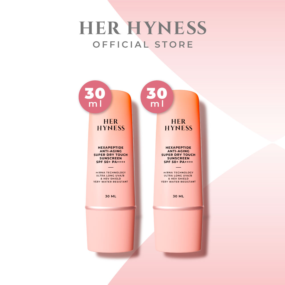 [แพคคู่] HER HYNESS HEXAPEPTIDE ANTI-AGING SUPER DRY TOUCH SUNSCREEN SPF50+ PA++++ กันแดดสูตรสปอร์ตกันน้ำ กันเหงื่อ 30มล. ราคา 1,680 บาท*ส่งฟรี