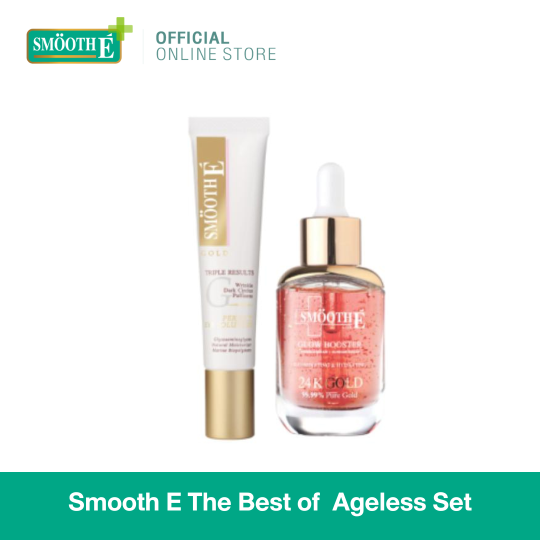 Smooth E The Best of Ageless Set - บำรุง ยกกระชับ ผิวหน้า ดวงตา สมูทอี เซรั่มสูตรเข้มข้น 24k Glow Serum 30ml. ผิวสว่างใส บำรุงผิว + เซรั่มบำรุงผิวรอบดวงตา Gold Perfec ราคา 1,805 บาท*ส่งฟรี