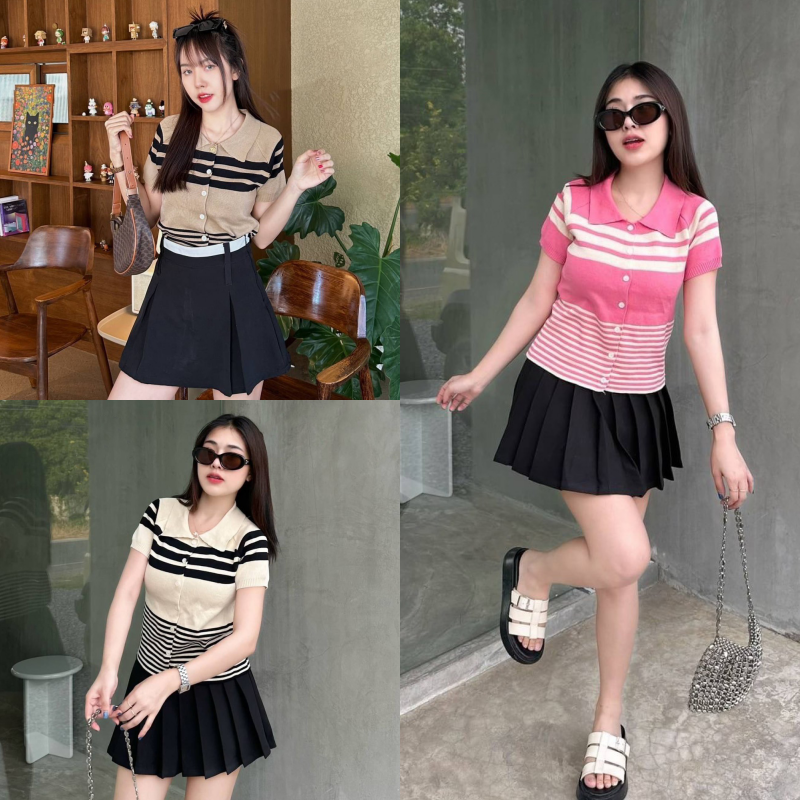 🌈SpinnyHouse🌈เสื้อยืดคอโปโล ผ้าไหมพรมยืดเยอะ 💖 สาวอวบใส่ได้ กระดุมใช้งานได้จริง ลายทอสลับสี รุ่น ปลั๊กไฟ