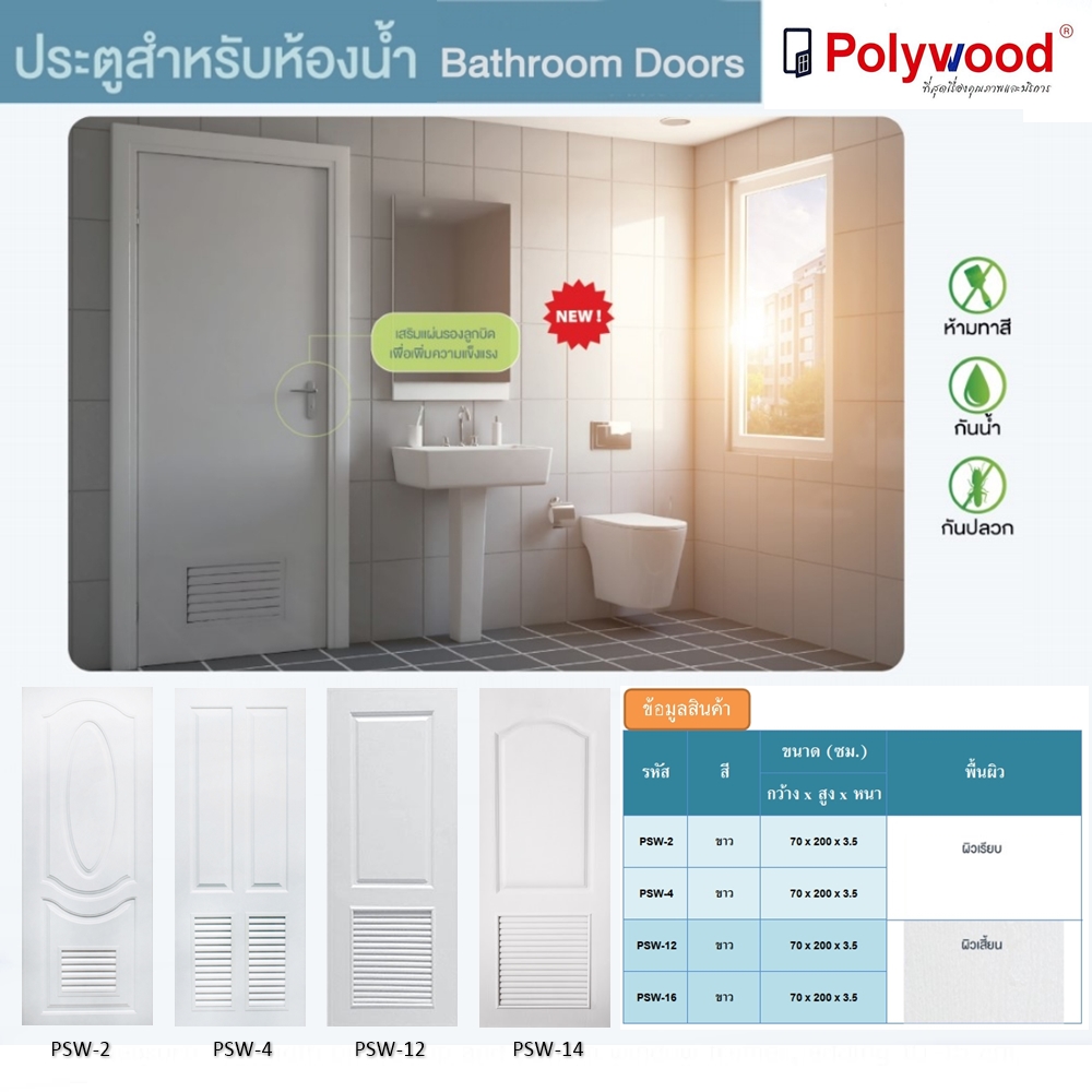 ประตู บานประตู ห้องน้ำ uPVC รุ่น Special II สำหรับใช้ภายใน Polywood ราคา 3,971 บาท*ส่งฟรี