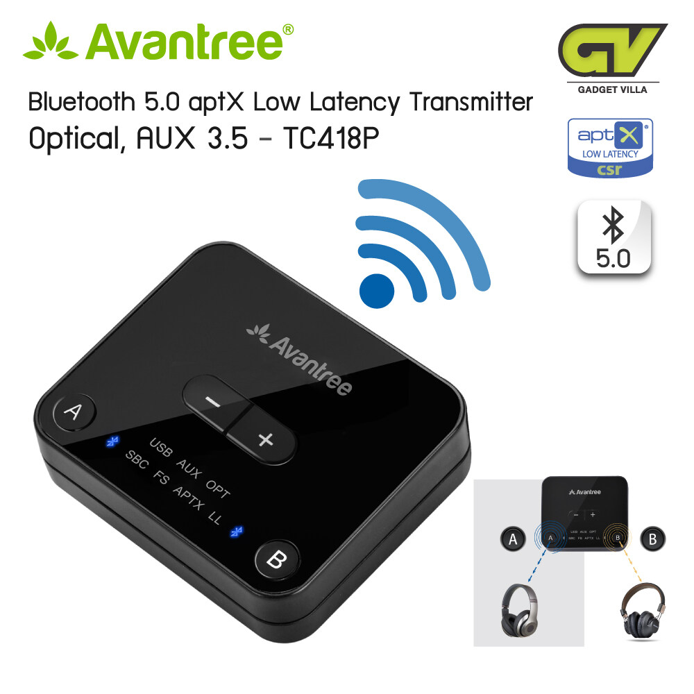 Avantree รุ่น TC418P Bluetooth 5.0 อุปกรณ์ส่งสัญญาณบลูทูธ aptX Low Latency Bluetooth Transmitter  ไม่ดีเลย์ รองรับระบบเสียงแบบ Digital (Optical) และ Analog (AUX 3.5) with Direct Volume Contro Audikast Plus