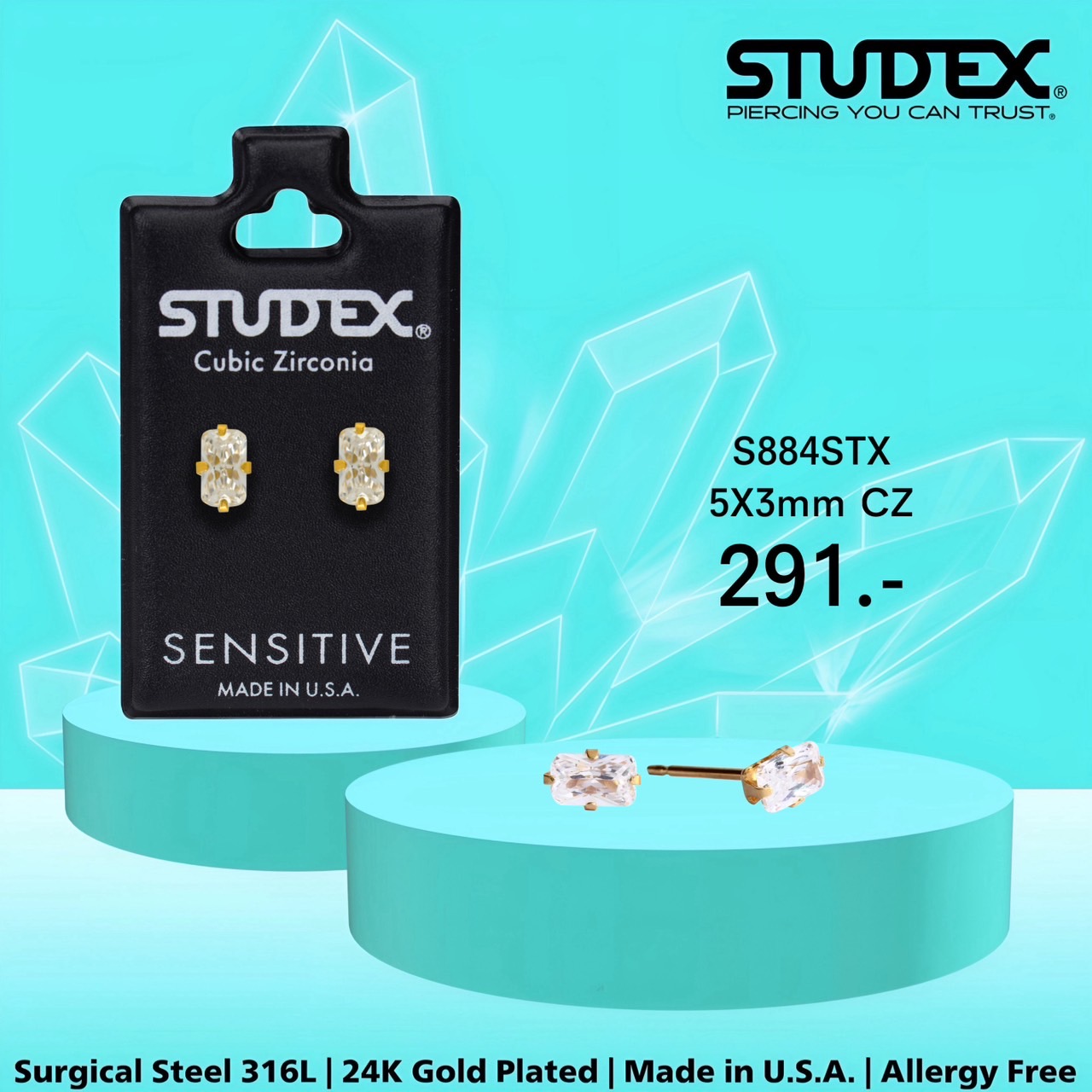 Studex S884Stx Fashionable Earrings for Sensitive Ears, 24K Gold Plated, 5X3Mm Cz. ราคา 291 บาท*ส่งฟรี