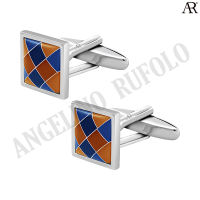 ANGELINO RUFOLO Cufflink(คัฟลิงค์) ดีไซน์ Catseye Square กระดุมข้อมือคัฟลิ้งโรเดียมคุณภาพเยี่ยม ตัวเรือนสีเงิน ประดับตกแต่งด้วย Catseye สีน้ำตาล/น้ำเงิน