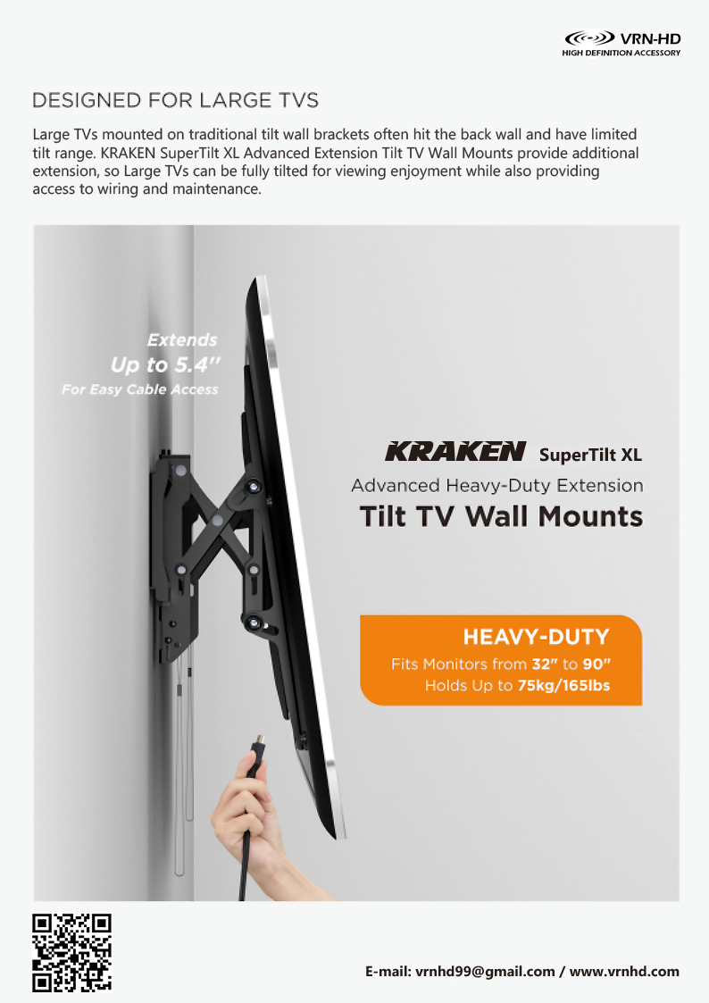 KRAKEN SuperTilt XL ขาแขวนทีวี 43"-90" Advance Heavy-Duty Extension Tilt Wall mount, Max VESA 800x400 mm., Weight Capacity 75 Kg. ราคา 4,950 บาท*ส่งฟรี