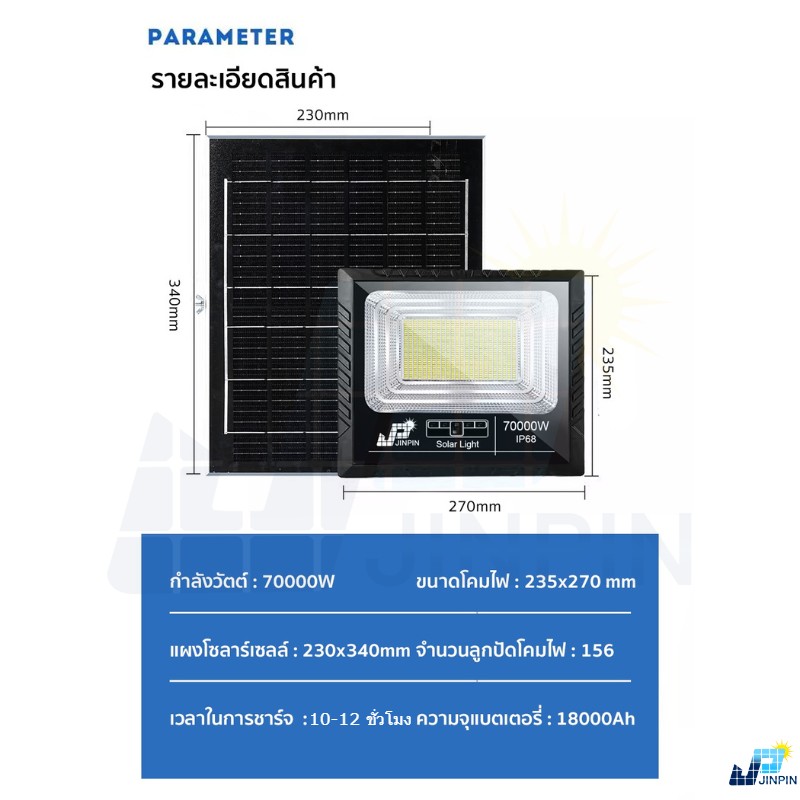New- 70000w โคมไฟพลังงานแสงอาทิตย์ Solar Light LED 156 ดวง พร้อมอุปกรณ์