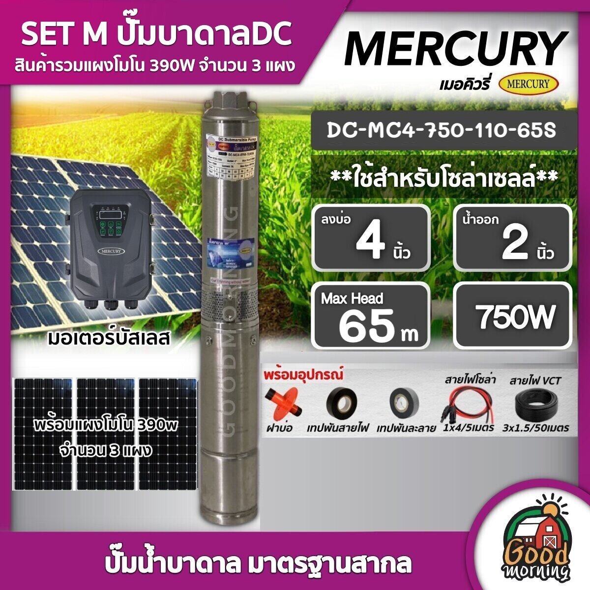 MERCURY ชุดเลือก ปั๊มบาดาล DC 750W รุ่น MC4-0750-110/65S บ่อ4 น้ำออก2นิ้ว พร้อมอุปกรณ์+ แผงโซล่าเซลล์ 3 แผง บาดาล ดูดน้ำลึก เมอร์คิวรี่ SOLAR PUMP ราคา 18,520 บาท*ส่งฟรี