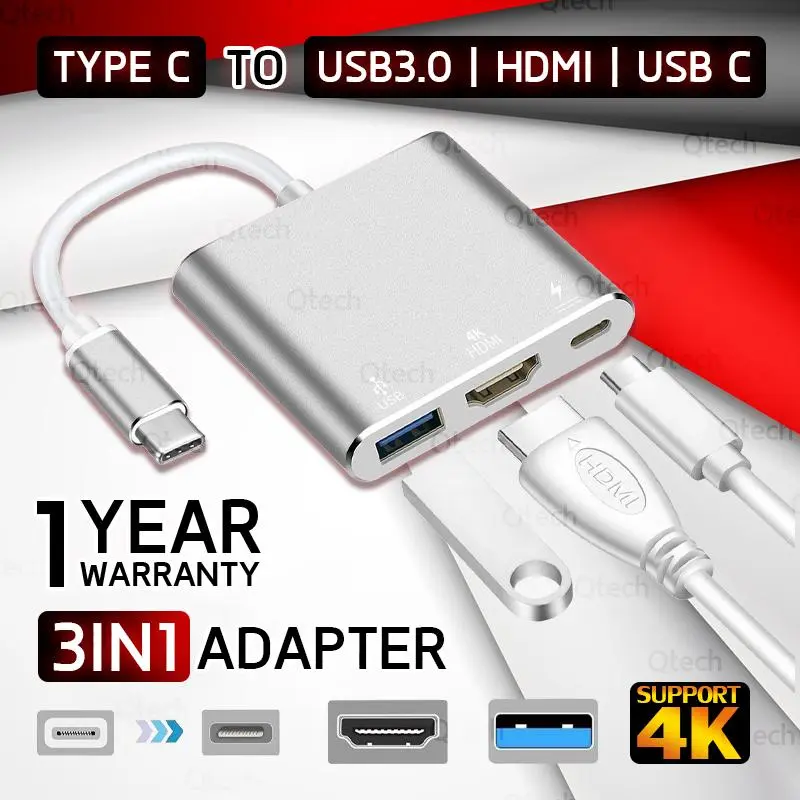 Qtech - รับประกัน 1 ปี – 3 in 1 สายสัญญาณ Type C เชื่อมต่อ USB3.0 HDMI USB C สาย สัญญาณ รองรับ Ultra HD 4K อุปกรณ์ โน๊ตบุ๊ค ทีวี โปรเจคเตอร์ - 3 In 1 Type-C Hub with USB 3.0 4K HDMI For Macbook Notebook TV Projector Display