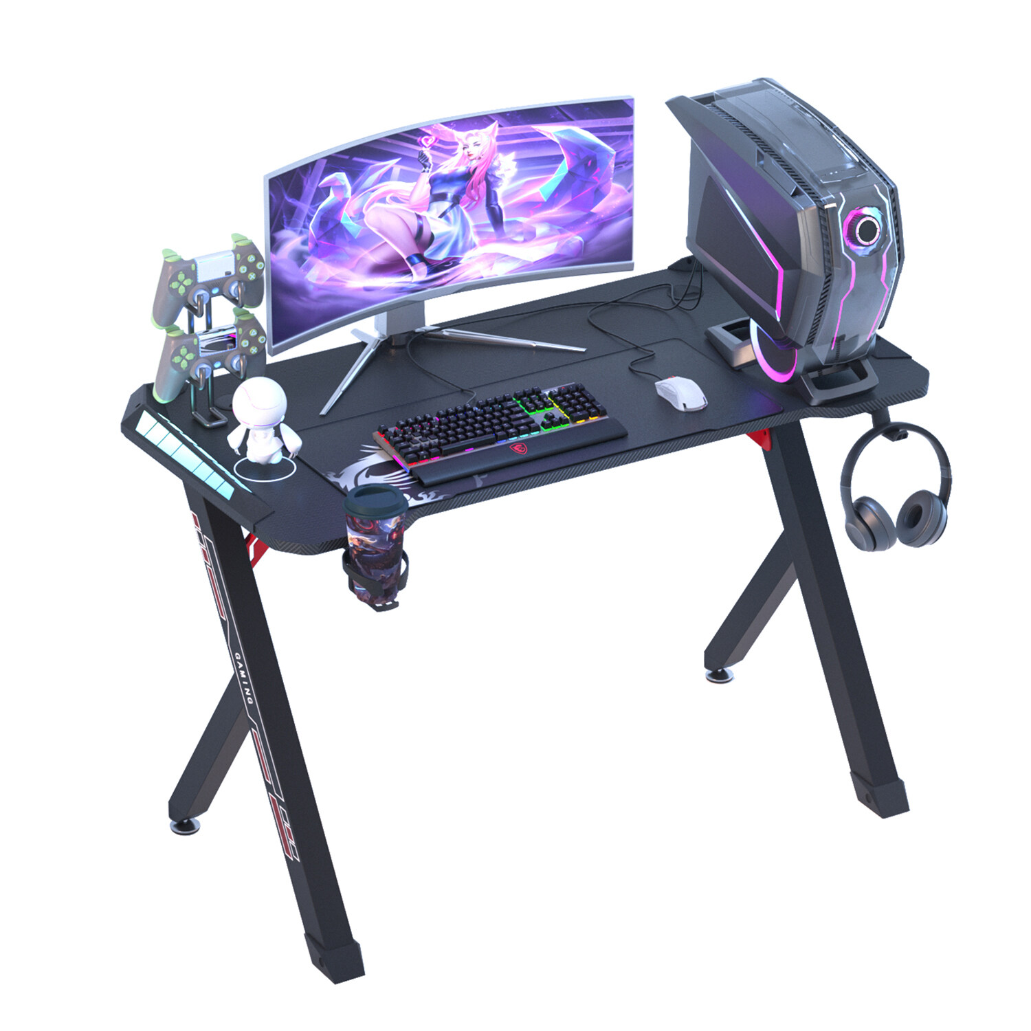 โต๊ะคอมพิวเตอร์ RGB LED100cm /120cm Computer Gaming Table Carbon Fiber Black Desktop Gamer Desks เหล็ก โต๊ะคอมพิวเตอร์ ไทวัสดุ Headphone Hook and Cup Holder PC โต๊ะเกมมิ่ง ราคา 2,265 บาท*ส่งฟรี