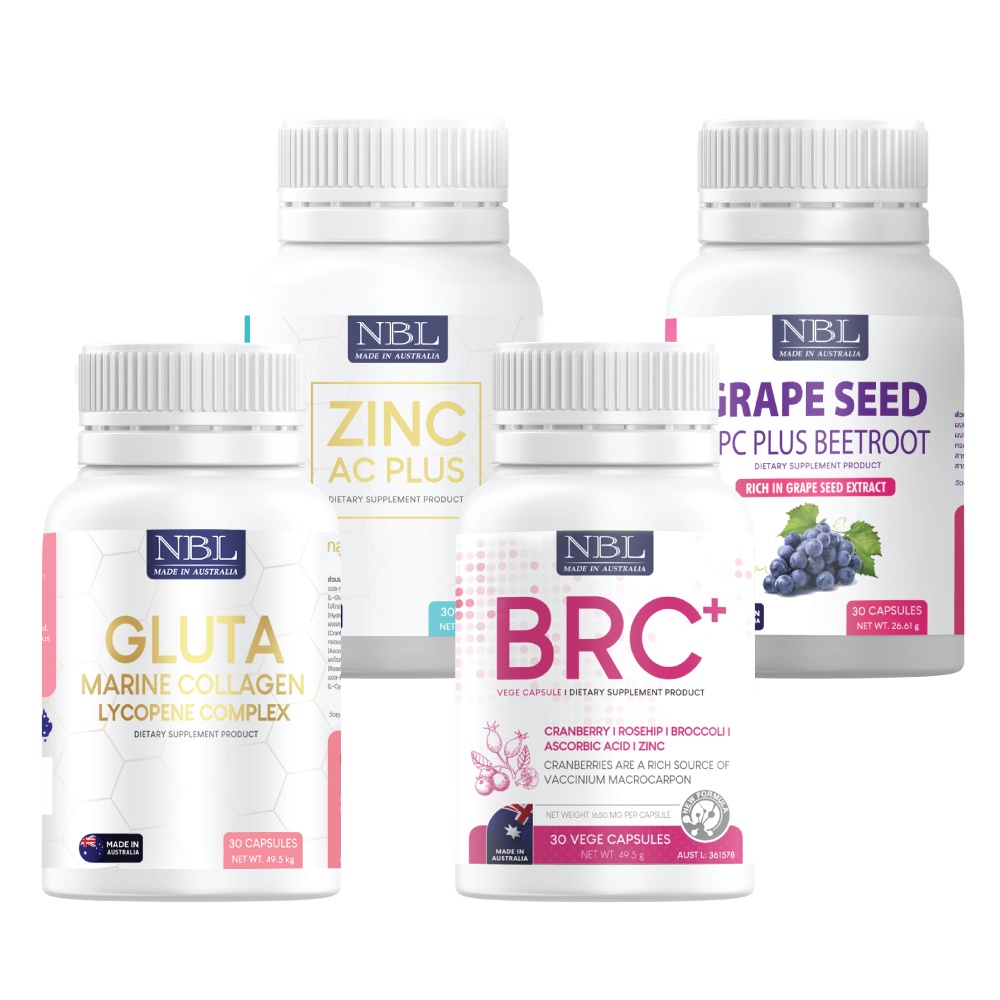 [ชุดโปรโมชั่น 4] NBL Gluta Marine Collagen / Zinc AC Plus / BRC+ / Grape Seed OPC Plus Beetroot (30 Capsules) ราคา 990 บาท*ส่งฟรี