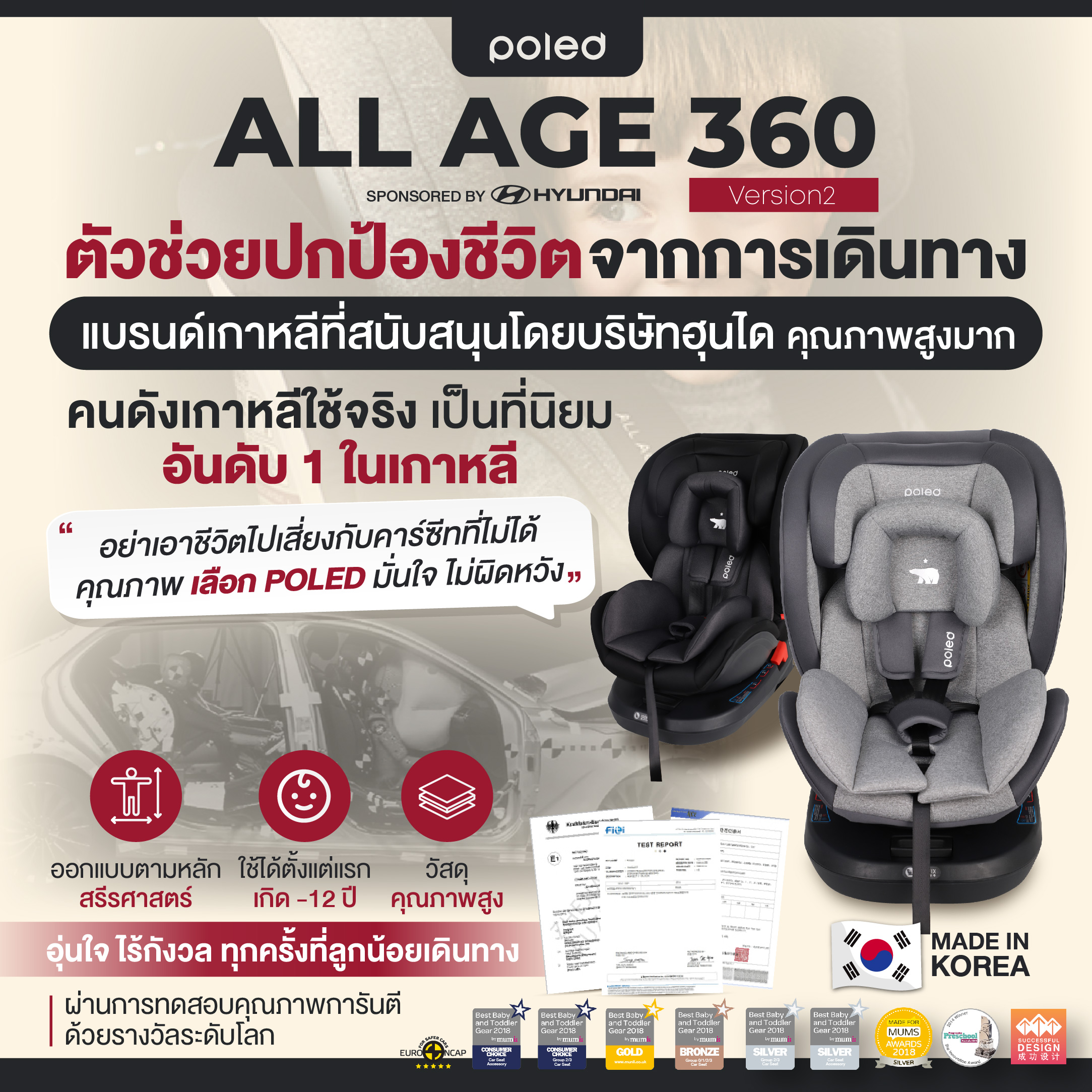 (ชนจริงให้ดูว่าปลอดภัยมาก) POLED ALL AGE จากเกาหลี สำหรับแรกเกิด-12ปี (หมุนได้) การันตีรางวัลระดับโลก ราคา 9,999 บาท*ส่งฟรี