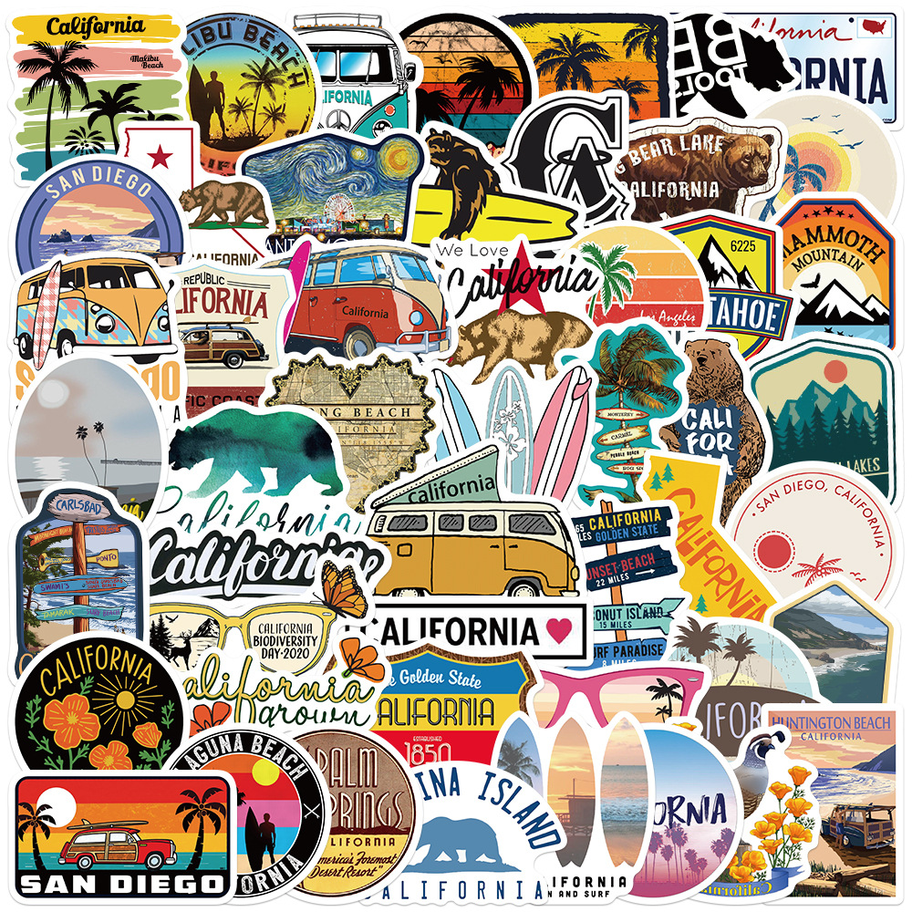 พร้อมส่ง！Camping Travel City USA California sticker vintage ticket สติกเกอร์กันน้ำรูปแบบที่แตกต่างกัน 50ชิ้น