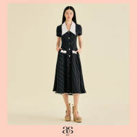 [asv ss25] Alda Short Sleeve Dress  เดรสผู้หญิง แขนสั้น คอวี แต่งปกเสื้อ แต่งกระเป๋าและกระดุมทองด้านหน้า แต่งดีเทลห่วง กระเป๋าข้าง ซิปหลัง ผ้าลายเกลียวเชือก