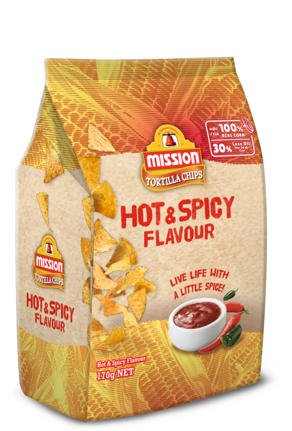 Mission Tortilla Chips Hot & Spicy Flavoured 170g ขนมข้าวโพดทอดกรอบรสเผ็ดร้อน ขนาด 170 กรัม (0335) ราคา 99 บาท*ส่งฟรี