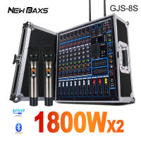 NewBaxs GJS-8/GJS-8S เครื่องผสมสัญญาณเสียงระดับมืออาชีพ 8 ช่องสัญญาณ 1800W อีควอไลเซอร์ 2 ช่องสัญญาณ 2 ช่องสัญญาณ EQ 16DSP 2 ไมโครโฟนแบบใช้มือถือ รองรับก