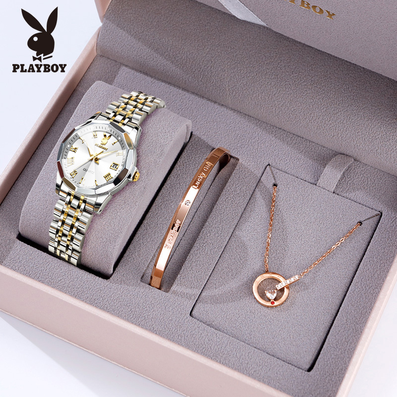 Playboy 2025 newest women watch set with arm chain + luminous waterproof stainless steel necklace-luxury fashion calendar with beautiful quartz gift box - ยี่ห้อ Playboy ราคา 1,007 บาท*ส่งฟรี