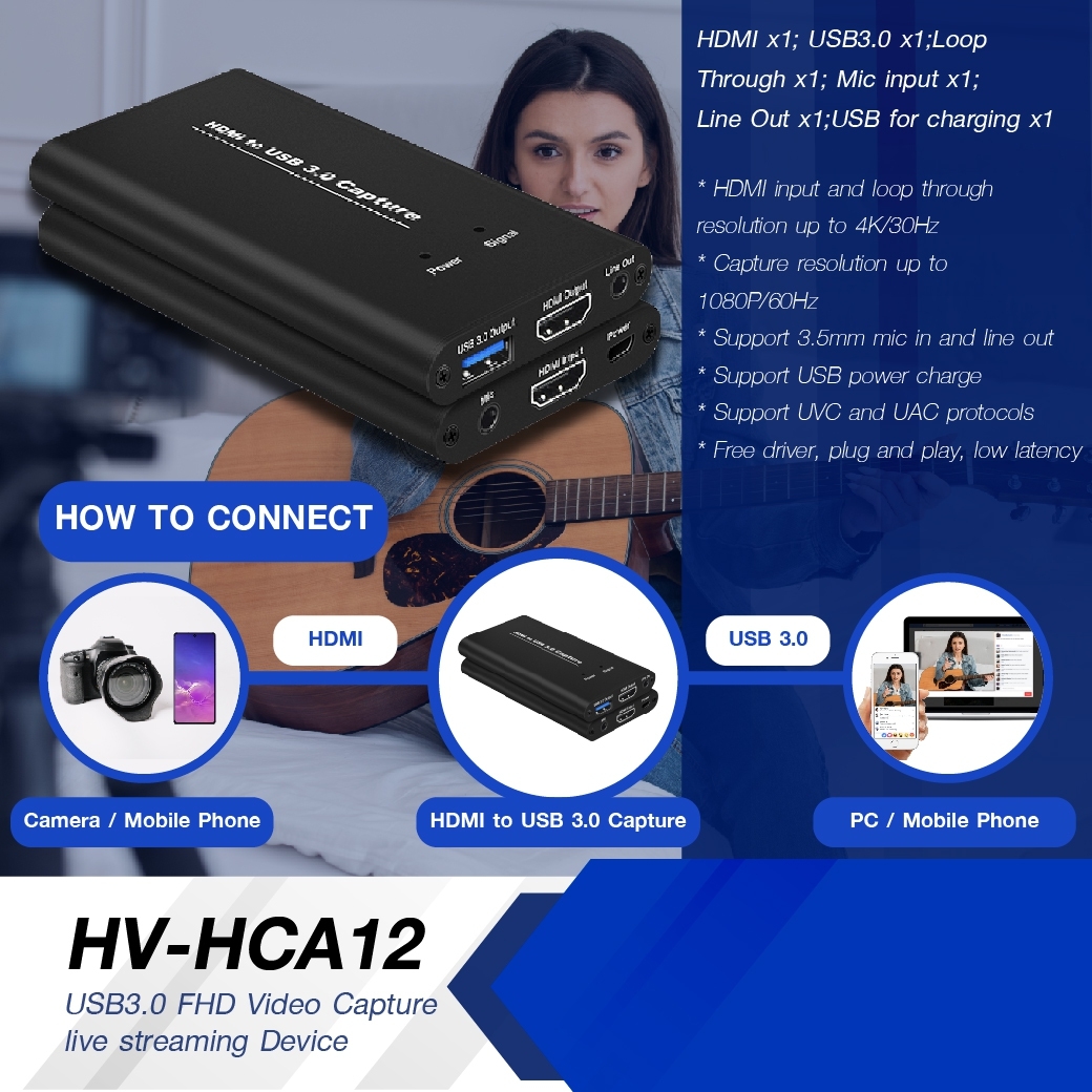 HV-HCA12 USB3.0 FHD Video Capture live streaming Device (6 พอร์ต)