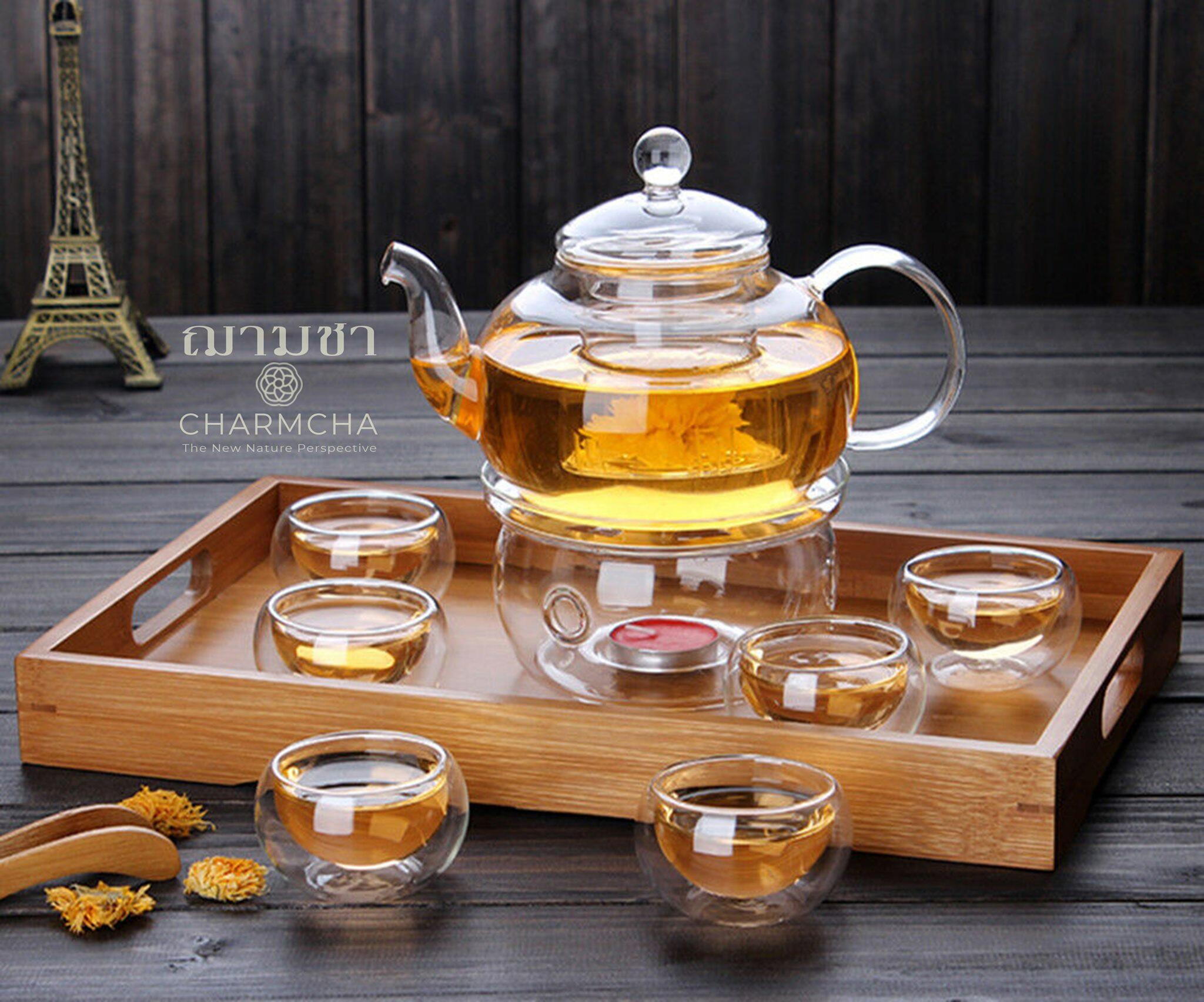 ชุดกาน้ำชา800ml 1ชุด มีตัวเลือกแก้ว 2-6 ใบ+ที่กรองชา+เตาอุ่น+เทียน ครบชุด ทำจากแก้ววางบนเตาความร้อนได้ charmcha ฌามชา ชุดของขวัญ