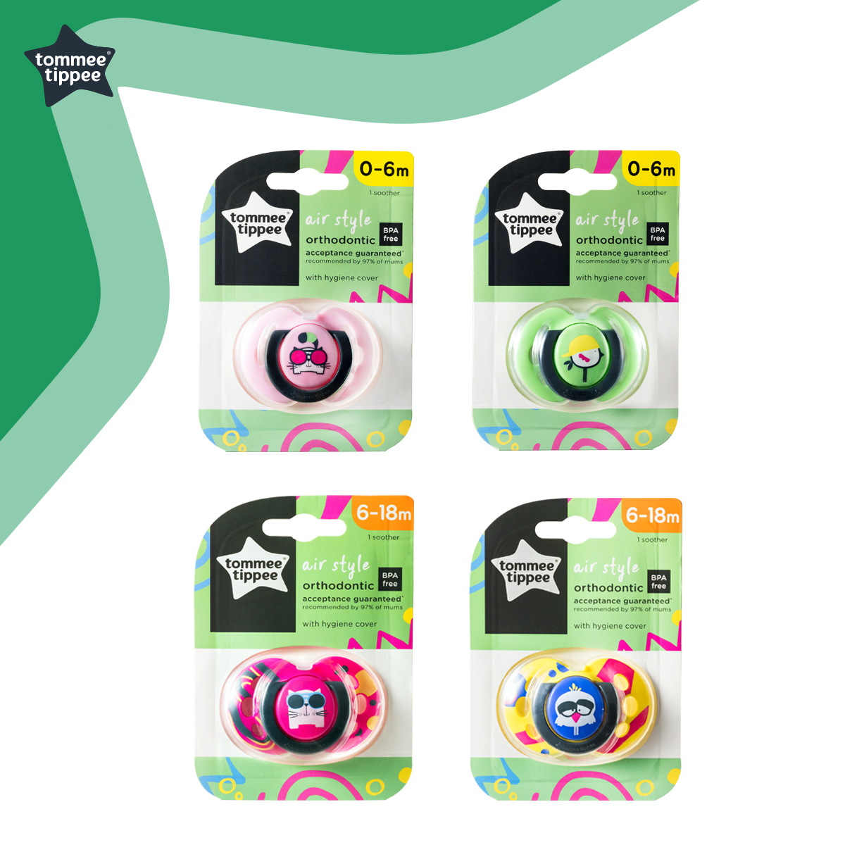 [New] Tommee Tippee Air Style Soother 1pc. random color จุกหลอก รุ่น Air Style สำหรับเด็ก 1 ชิ้น คละลาย 0-6m , 6-18m 433375/38 , 433377/38 ราคา 250 บาท*ส่งฟรี
