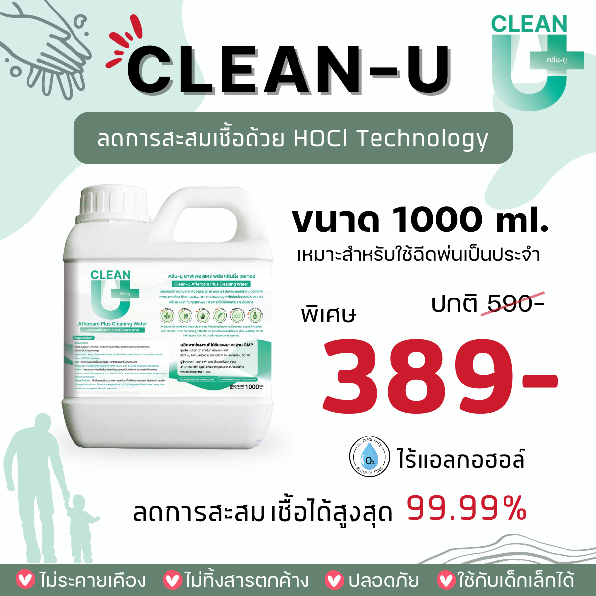 Clean-U Affercare Plus Cleaning water 1000 ml >> Hypochlorous Acid << ราคา 389 บาท*ส่งฟรี