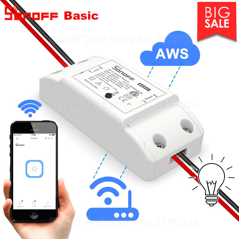 Itead Sonoff Basic R2 Wifi DIY สมาร์ทไร้สายระยะไกลสวิทช์โมดูลหลอดไฟควบคุม Domotica ทำงานร่วมกับ Alexa Google Home EWeLink