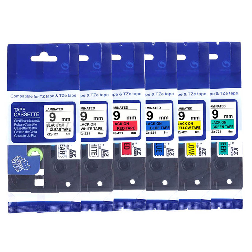 [จัดส่งทั่วไทย] 6 Packs Combo Set 9mm*8m Tze121 Tze221 Tze421 Tze521 Tze621 Tze721 Label Tapes for Brother P Touch Label Printer Tze-221 tz221 Compatible for P-Touch P Touch Label Maker Printer/ Labeling Tool Laminated Sticker Ribbon Cassette
