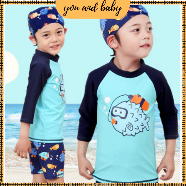 ? ชุดว่ายน้ำเด็ก ชุดว่ายน้ำ ชุดกีฬา ลายปลาปักเป้า -babyandyou พร้อมส่ง