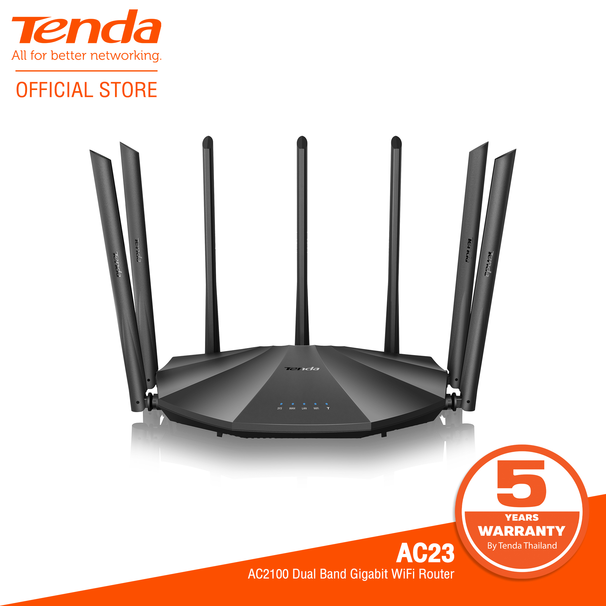 Tenda AC23 AC2100 Dual-Band Gigabit Wireless Router WiFi speed up to 2033Mbps (2.4 GHz: 300Mbps, 5GHz: 1733Mbps) เสาสัญญาณจำนวน 7 เสา ขนาด 6 dBI(ประกันศูนย์ไทย 5 ปี)