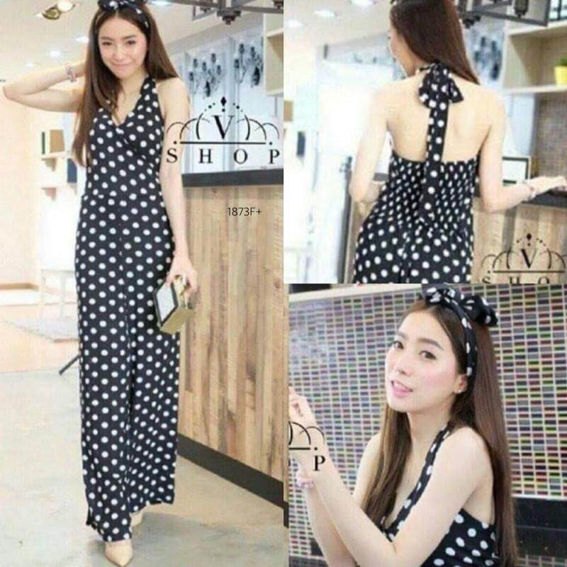 J1873 Jumpsuit จั๊มสูทขายาว ลายจุด ทรงขาบาน โบว์ผูกผม