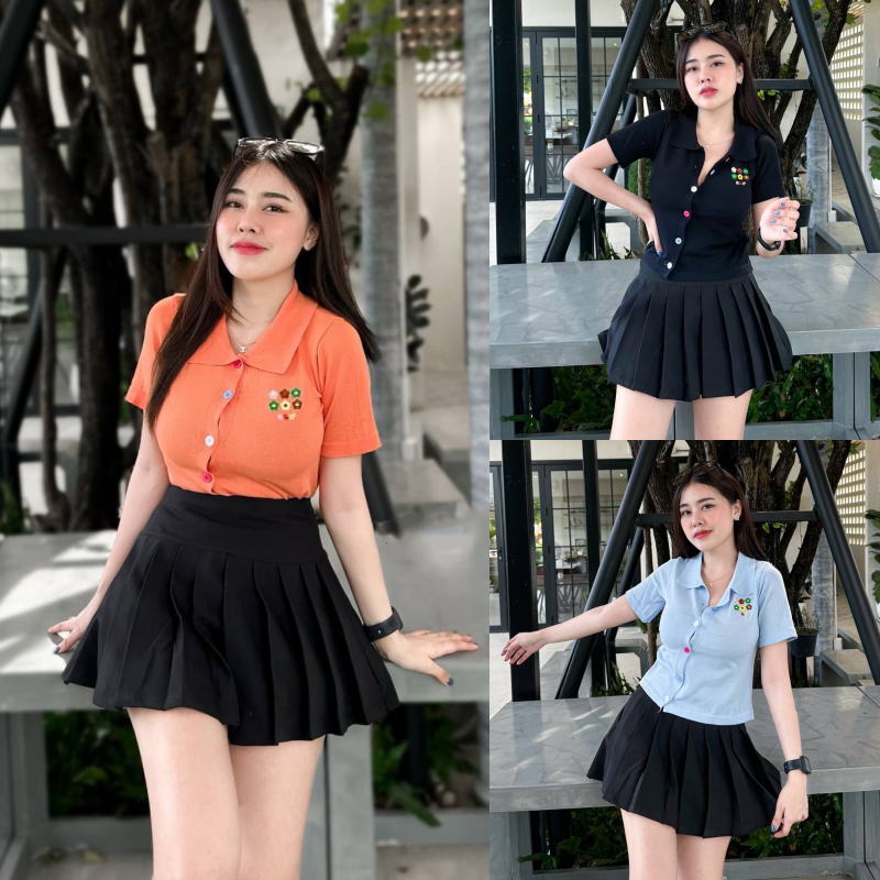 🌈SpinnyHouse🌈เสื้อคอปก แต่งกระดุมสีสันแบบเฉียง น่ารักม้าก 🥧 รุ่น โซล่าเซลล์ B-012-1-B ราคา 178 บาท*ส่งฟรี