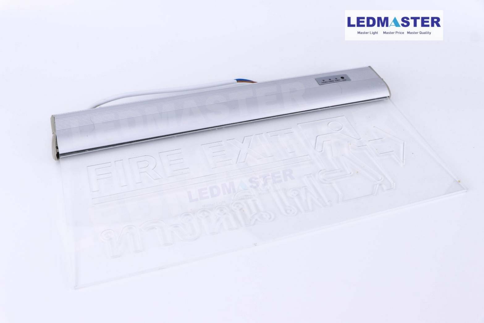 ป้ายทางหนีไฟ led ข้อความ Fire Exit ทางหนีไฟ สัญลักษณ์คนวิ่ง ลูกศรชี้ด้านข้าง ชนิดเเขวน ป้ายอะคริลิคพื้นใส ป้าย 1 หน้า ป้ายหนีไฟ ป้ายทางออก