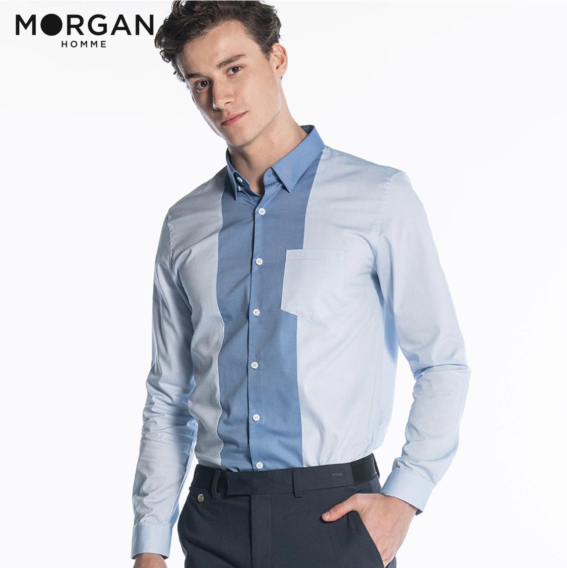 Morgan Homme เสื้อเชิ้ตแขนยาว เสื้อเชิ้ตทำงาน สีฟ้าทูโทน ดีไซน์ไม่เหมือนใคร รุ่น Moscow
