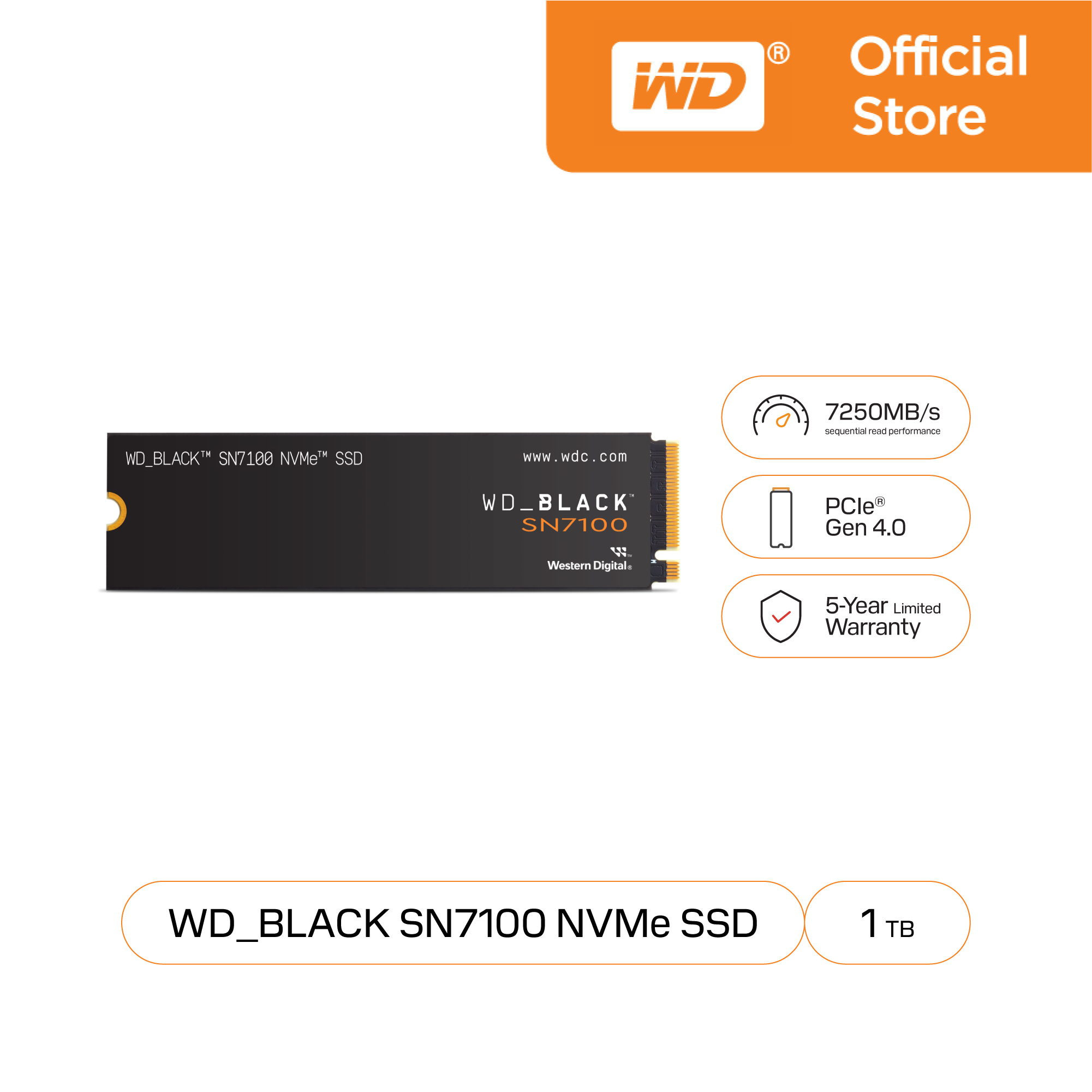 เอสเอสดี SSD M.2/SATA WD Black SN7100 1TB PCle4x4 NVMe M.2 2280 อ่าน:7,250 MB/s เขียน:6,900 MB/s (WDS100T4X0E) ( Solid State Drive) ราคา 19,990 บาท*ส่งฟรี